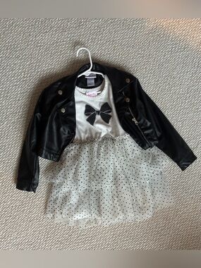 Little Lass Black Faux Leather Jacket with White Top - size 5 girls